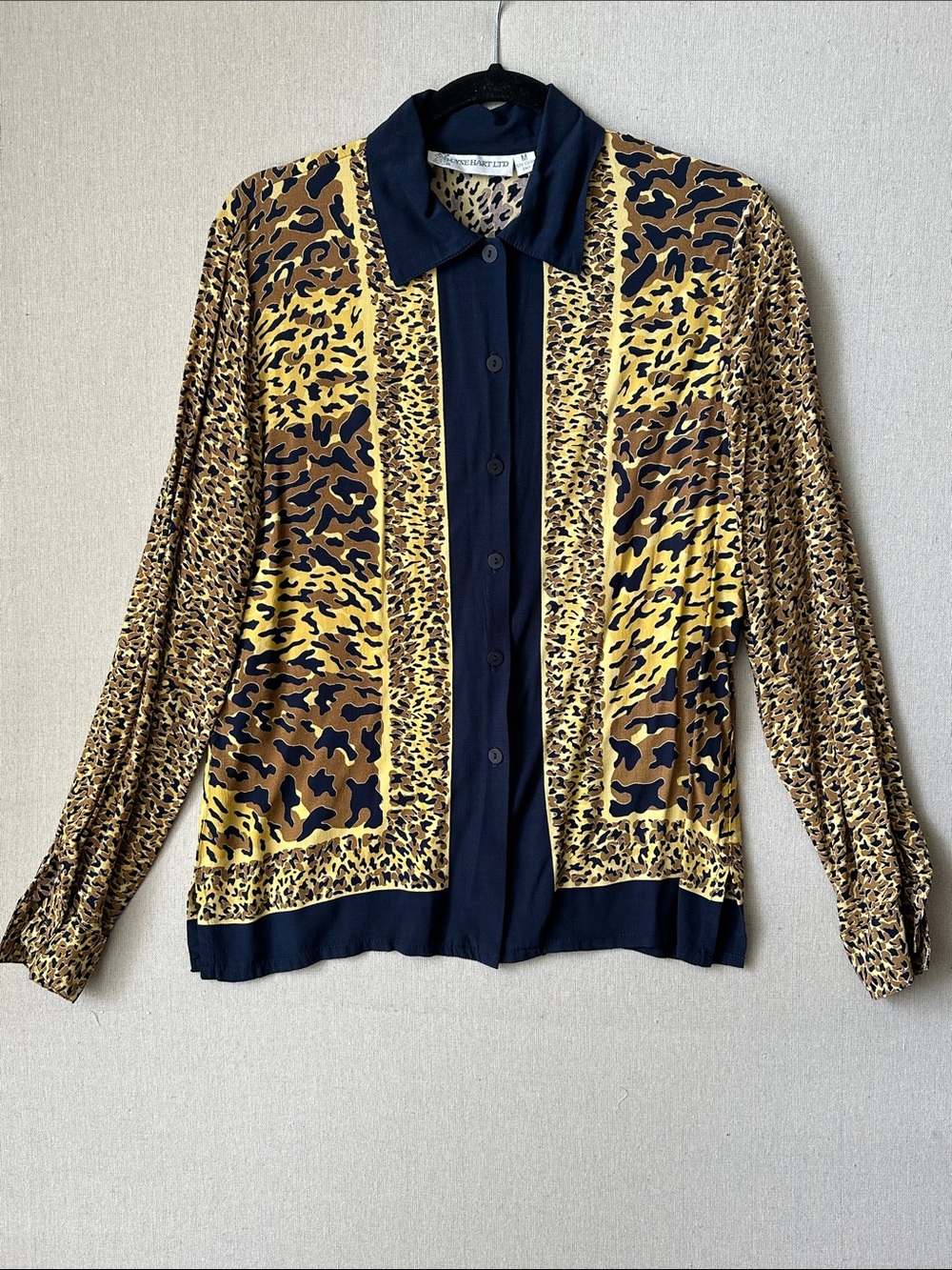 Vintage 90s Black Leopard Animal Print Pattern Blouse Collared Versace Style
